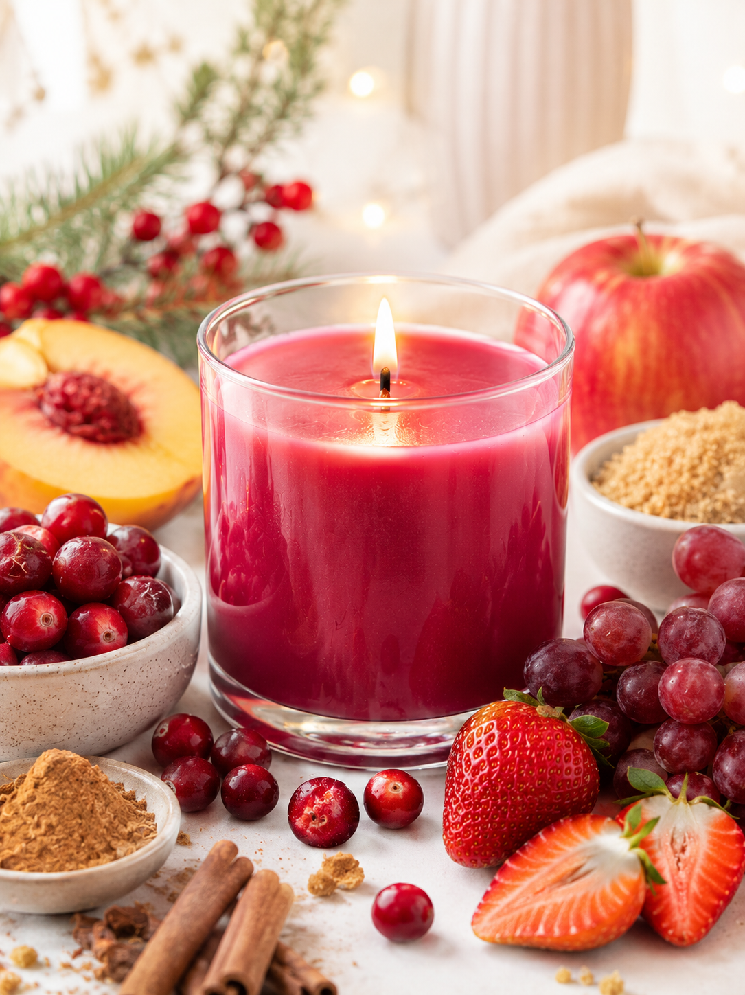 Cranberry scented candle surrounded by fruits and spices on a wooden surface
