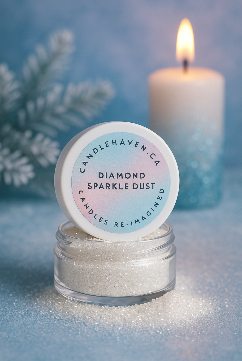 Mica Powder Canada | Jar of Diamond Sparkle Dust with Candlehaven label in front of a lit candle and decorative branch.
