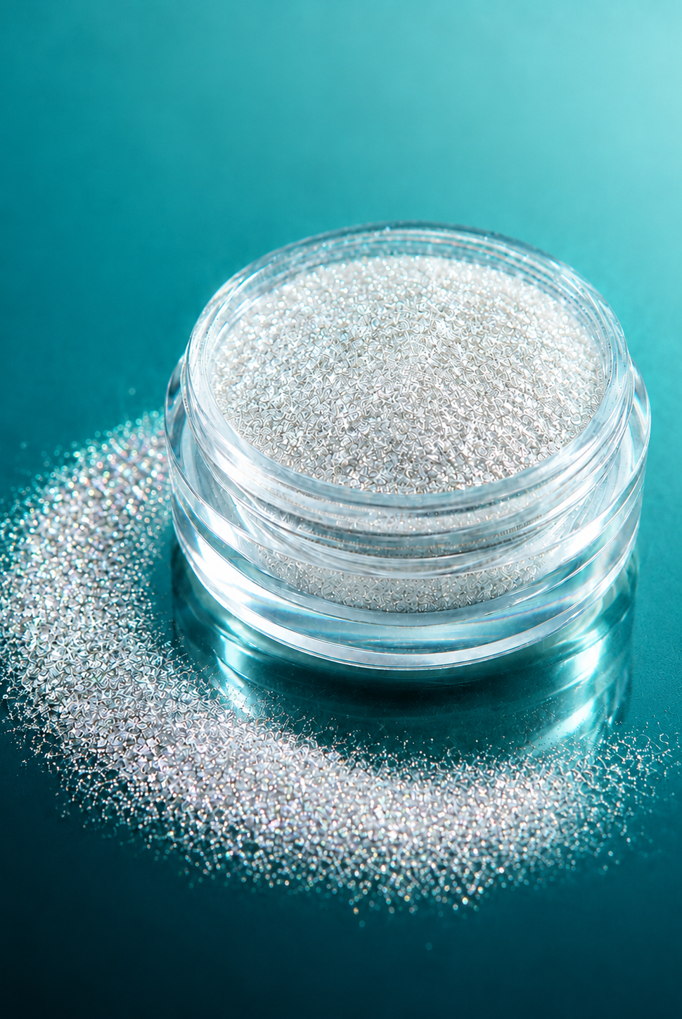 A small clear round jar filled with sparkling white diamond sparkle dust, photographed on a glossy teal background with some of the material spilled around the base.