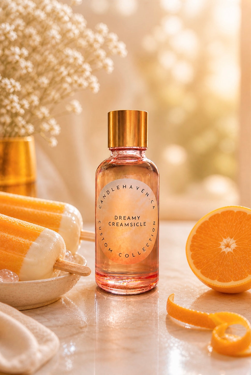 Bottle of dreamy creamsicle fragrance oil by candlehaven.ca with creamsicles and orange in the background