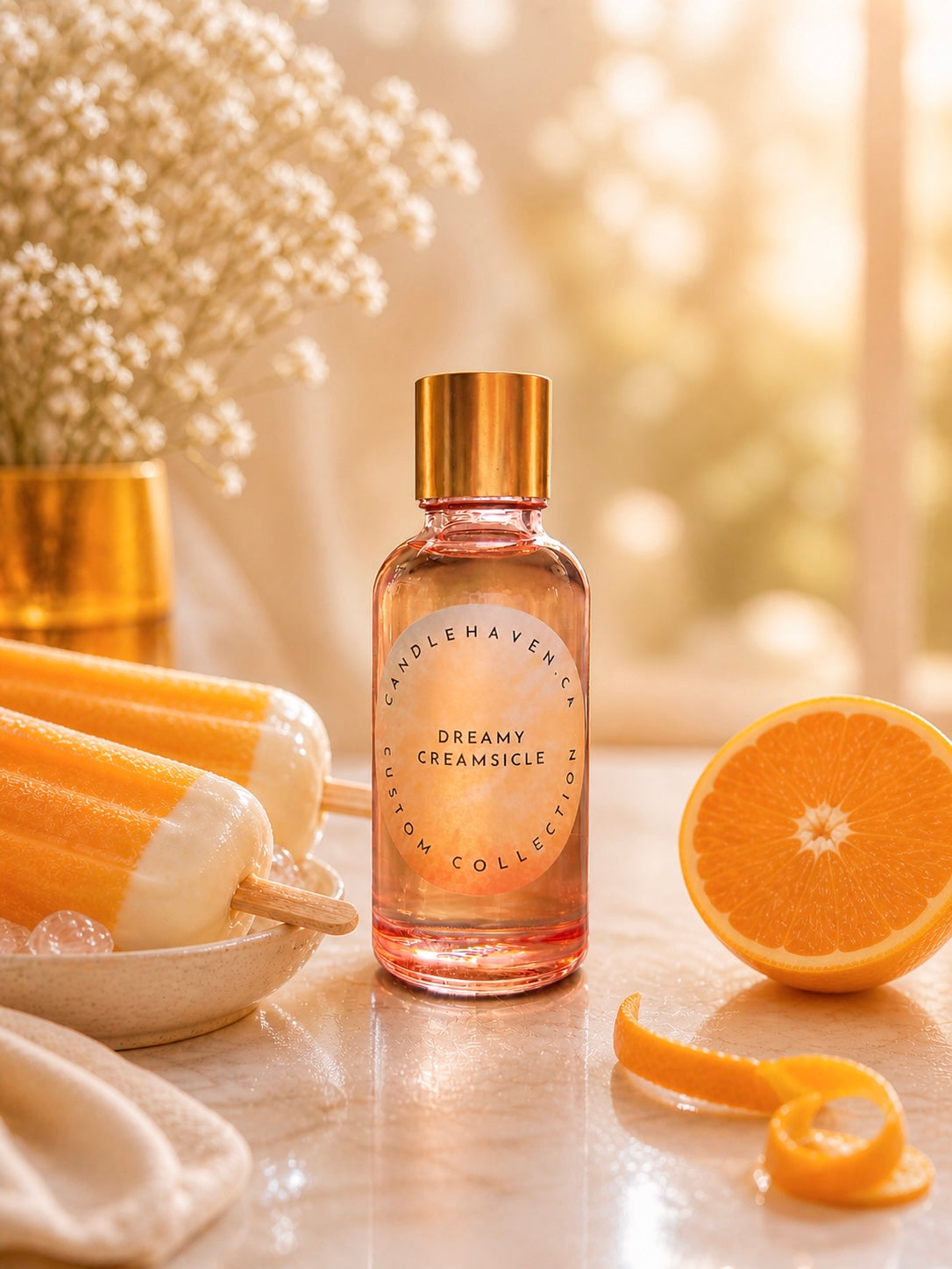 Bottle of dreamy creamsicle fragrance oil by candlehaven.ca with creamsicles and orange in the background