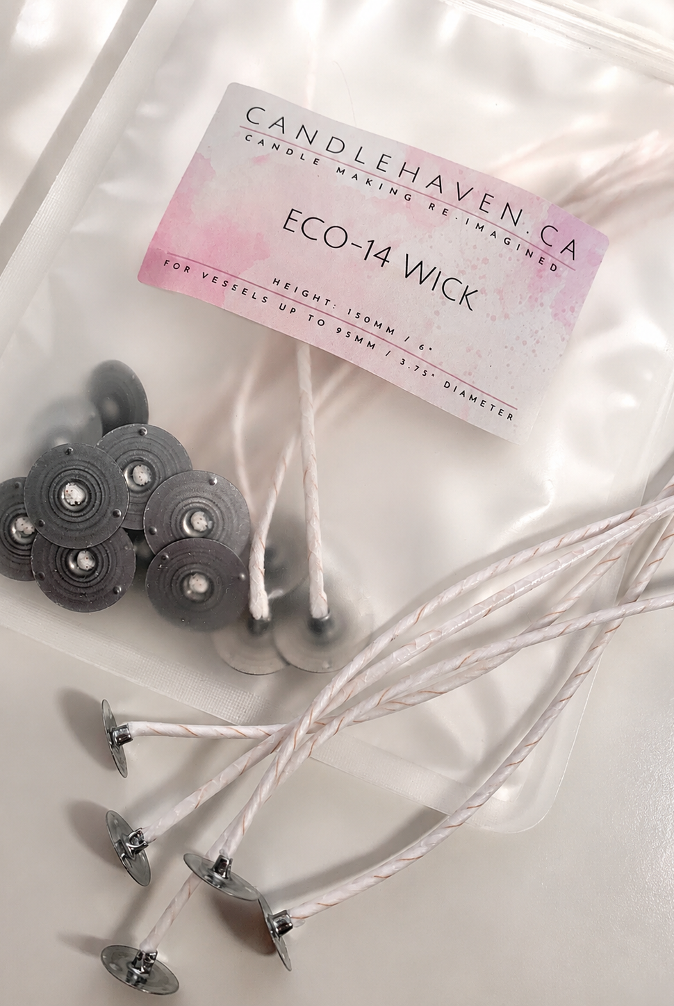 Candle wicks with a Candlehaven label on a white background