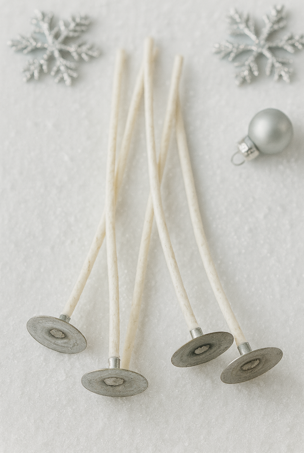 ECO Wicks on a textured white surface with decorative snowflakes and an ornament | Eco wicks Canada