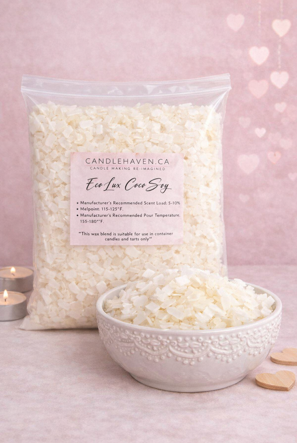 Coconut Soy candle making wax in a bag and bowl with 'Candlehaven.ca' label on a pink background