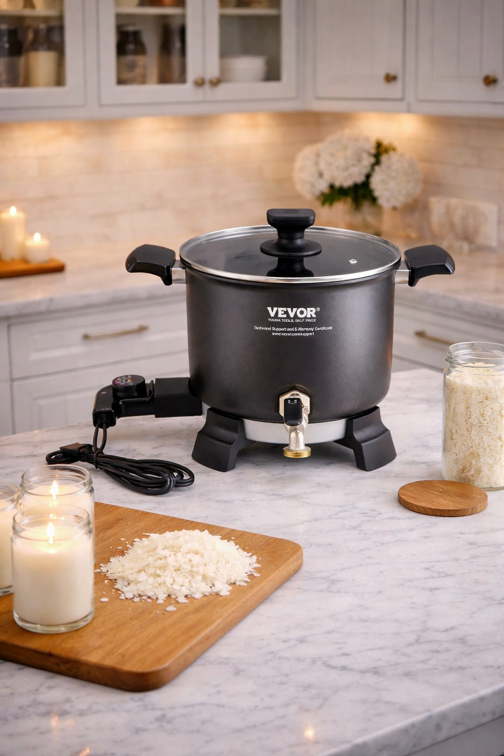 Black electric wax melter on a kitchen counter with rice and candles.