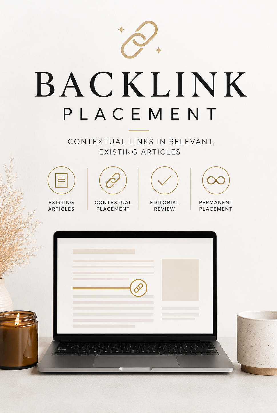Laptop on a desk with 'Backlink Placement' text and icons on a light background depicting Backlink Placement at Candlehaven.ca