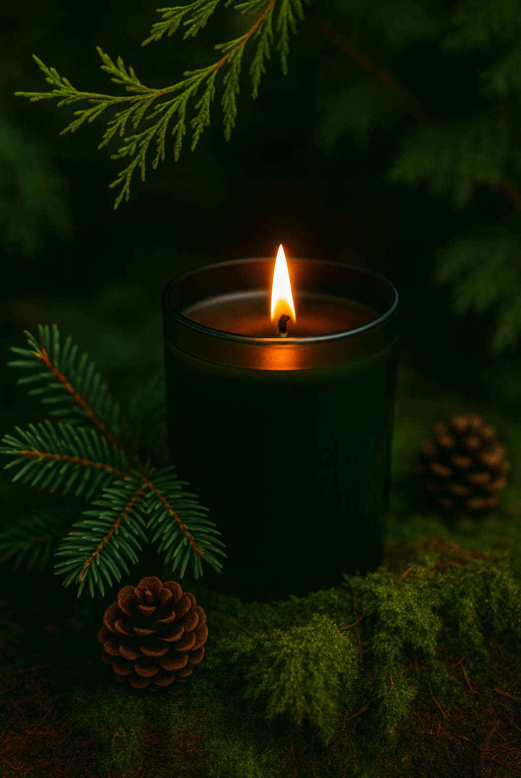 Evergreen After Dark fragrance oil for making candles | Black candle with a lit wick surrounded by pine branches and cones on a dark background