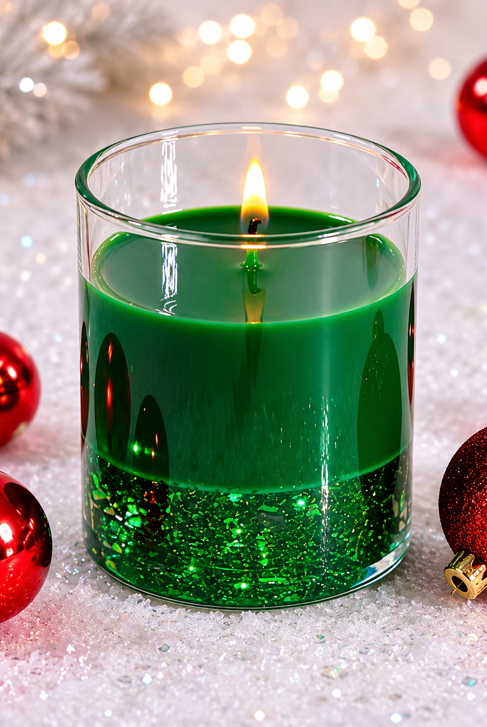 Green candle in a glass container with red ornaments on a glittery surface