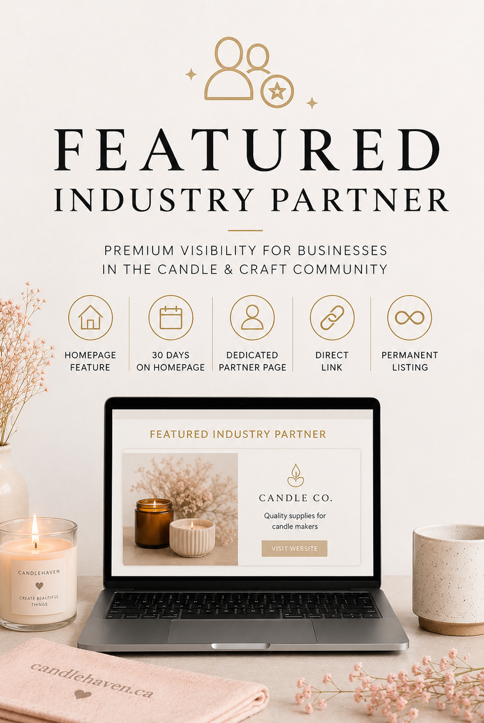 Laptop displaying a 'Featured Industry Partner' banner with candle-themed design on a desk.