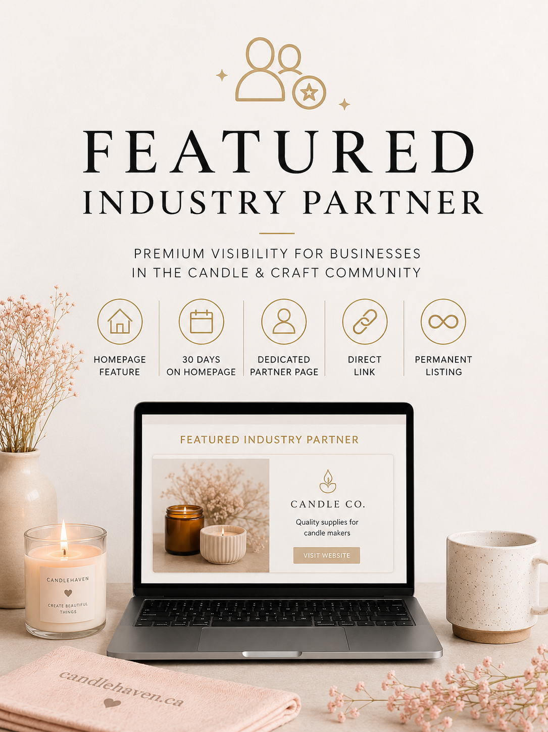 Laptop displaying a 'Featured Industry Partner' banner with candle-themed design on a desk.