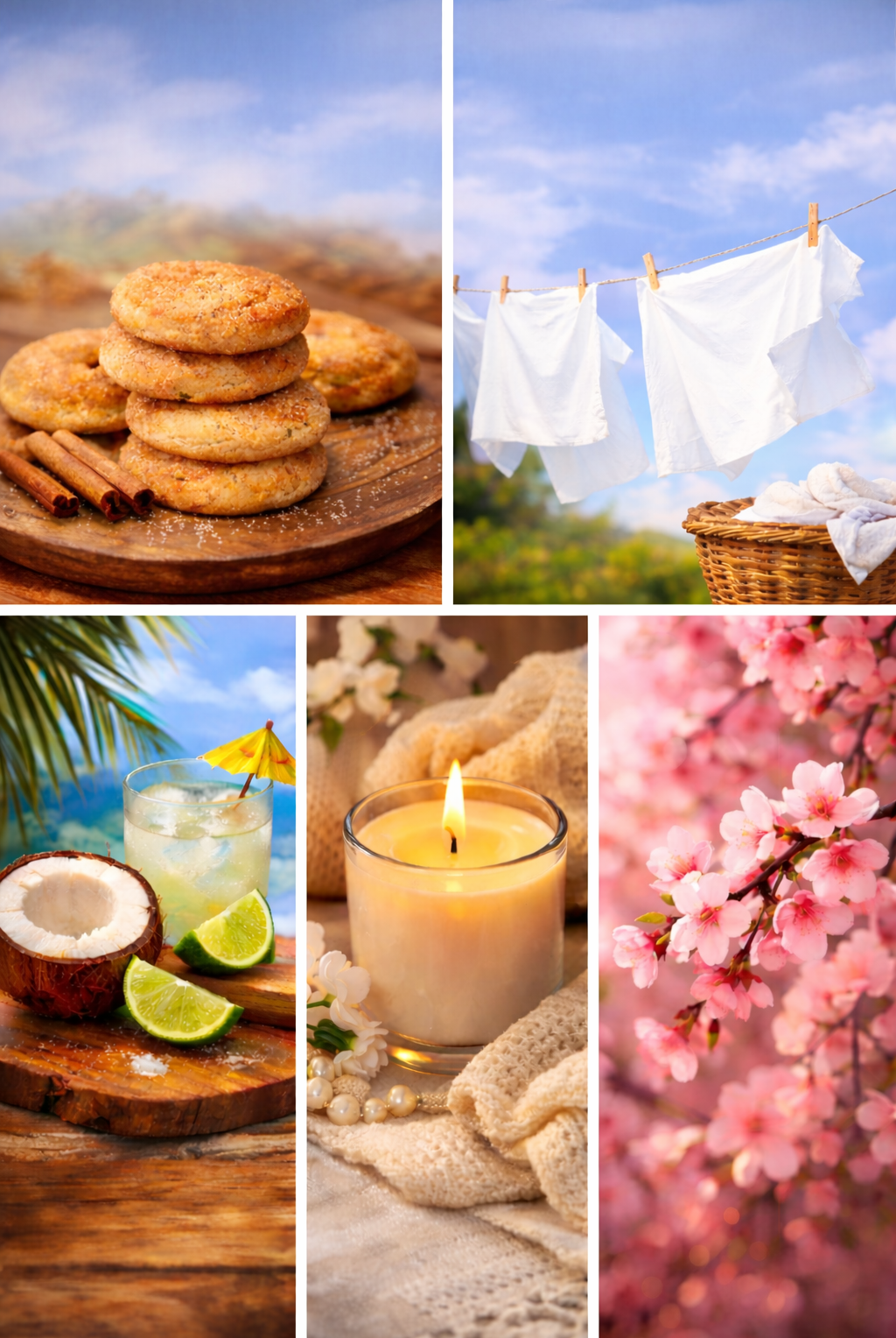 Collage of images including cookies, laundry, beach scene, candle, and cherry blossoms. These images are depicting fragrance oils for candle making and soap making
