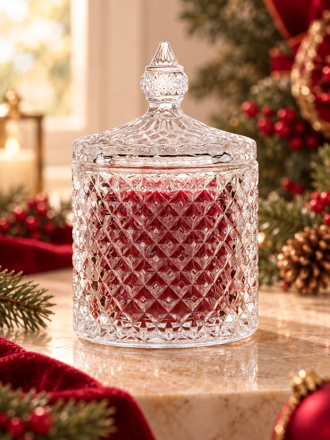 Franci style clear vessel for candle making by candlehaven. The vessel has red wax inside and is positioned on a Christmas themed background