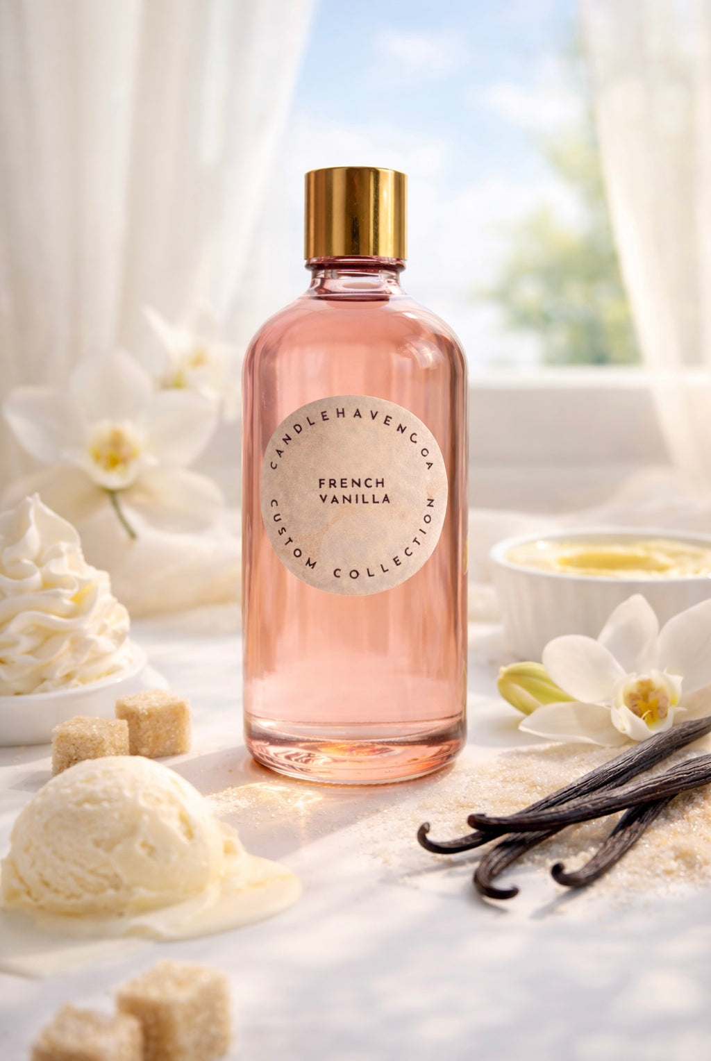 Pink bottle of 'French Vanilla' candle with vanilla beans and ice cream on a light surface.