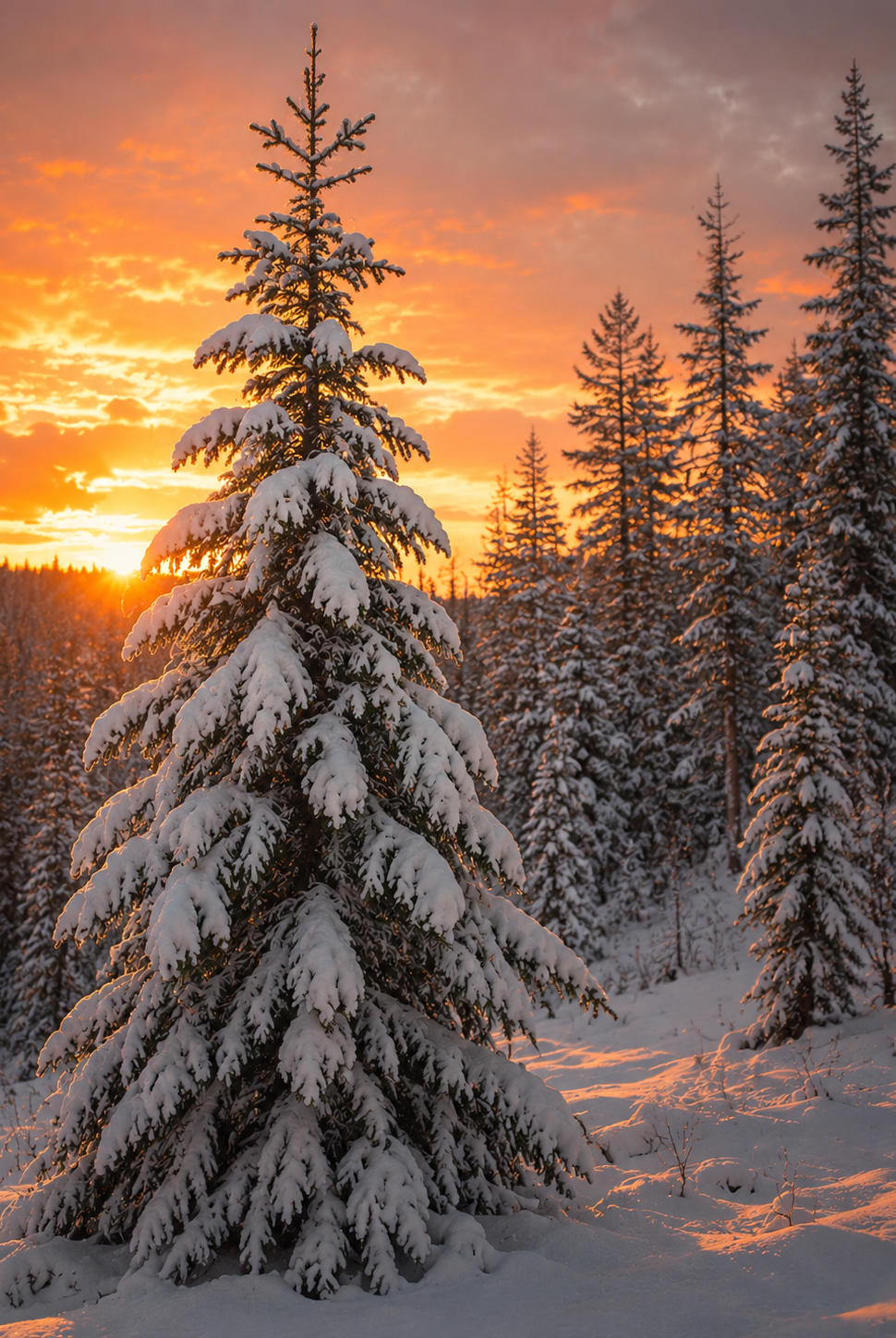 A snow-covered evergreen tree in a winter forest at sunset, with orange and pink sky lighting reflecting on the snow and trees. This picture depicts Frostbitten Pines, a fragrance oil for candle making by Candlehaven.ca