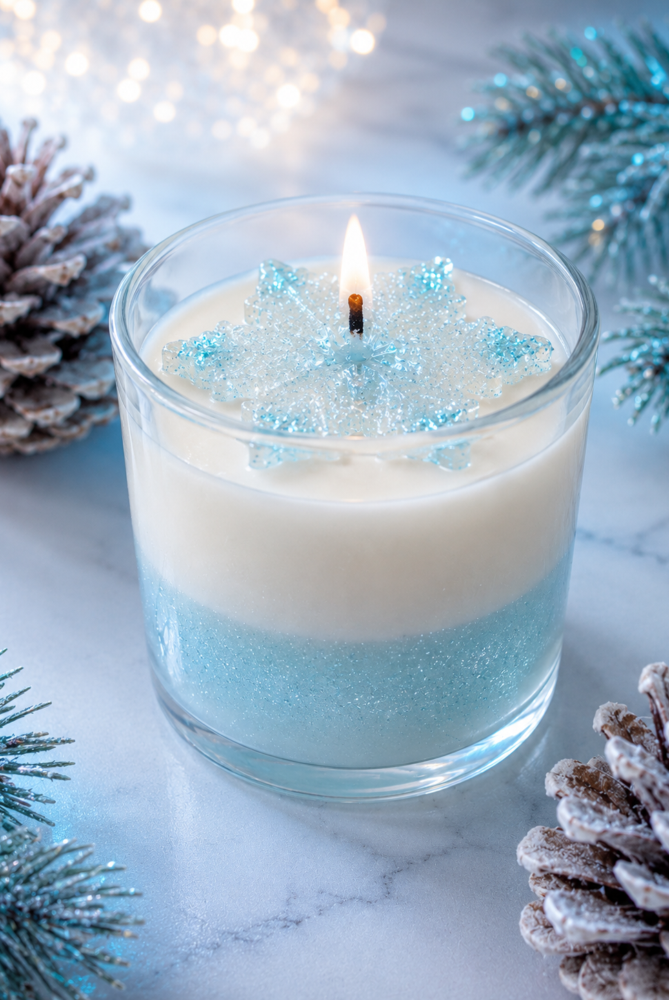Candle with blue and white design on a marble surface with decorative elements