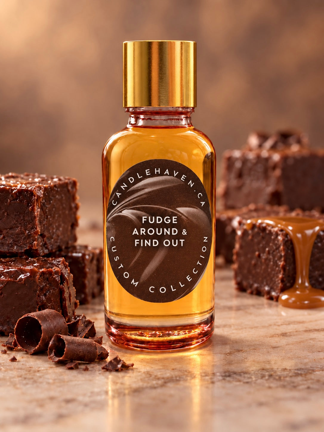 A glass bottle of Candlehaven.ca Fudge Around & Find Out scented candle wax with a gold cap, styled on a marble surface with chocolate brownies and chocolate curls.