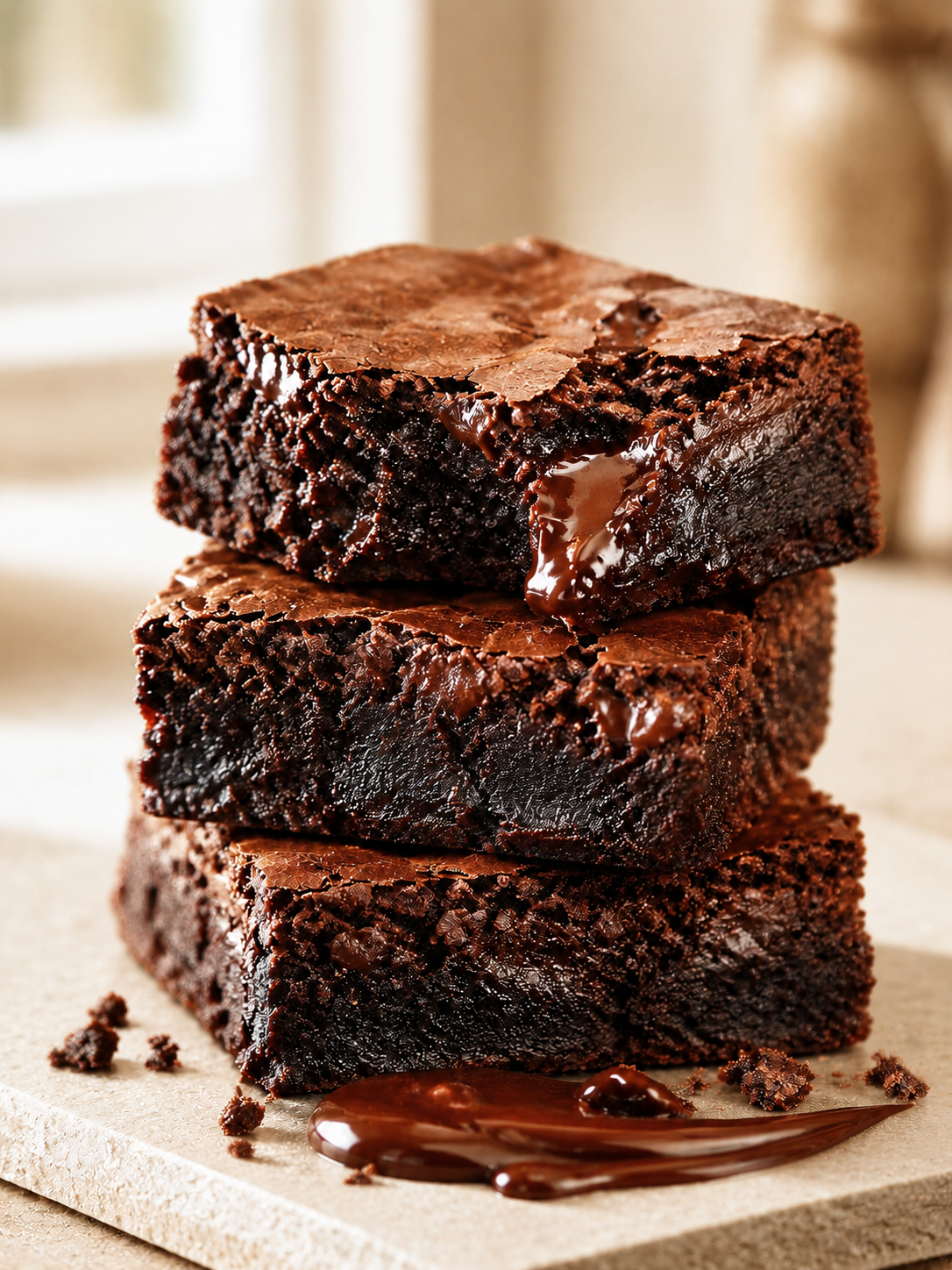 Three stacked chocolate brownies on a light stone surface with melted chocolate drizzle, depicting a fragrance oil for candle making.