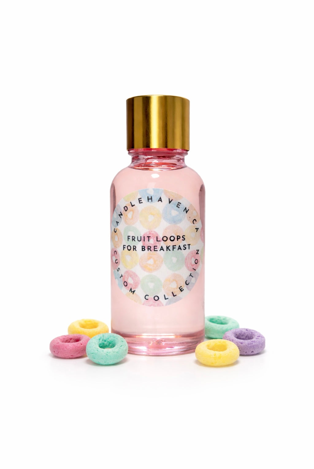 Candlehaven.ca 'Fruit Loops for Breakfast' fragrance oil bottle with fruit loops scattered on a white background