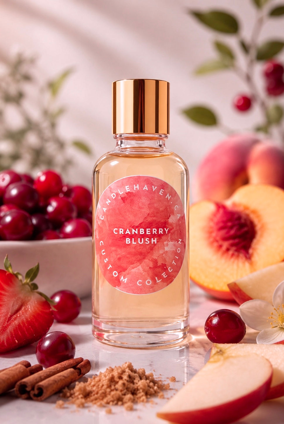 A clear glass perfume bottle with a gold cap and a pink circular label reading 'Camper Haven Custom Collection Cranberry Blush,' styled with cranberries, strawberries, peaches, cinnamon sticks, and sugar on a light surface.