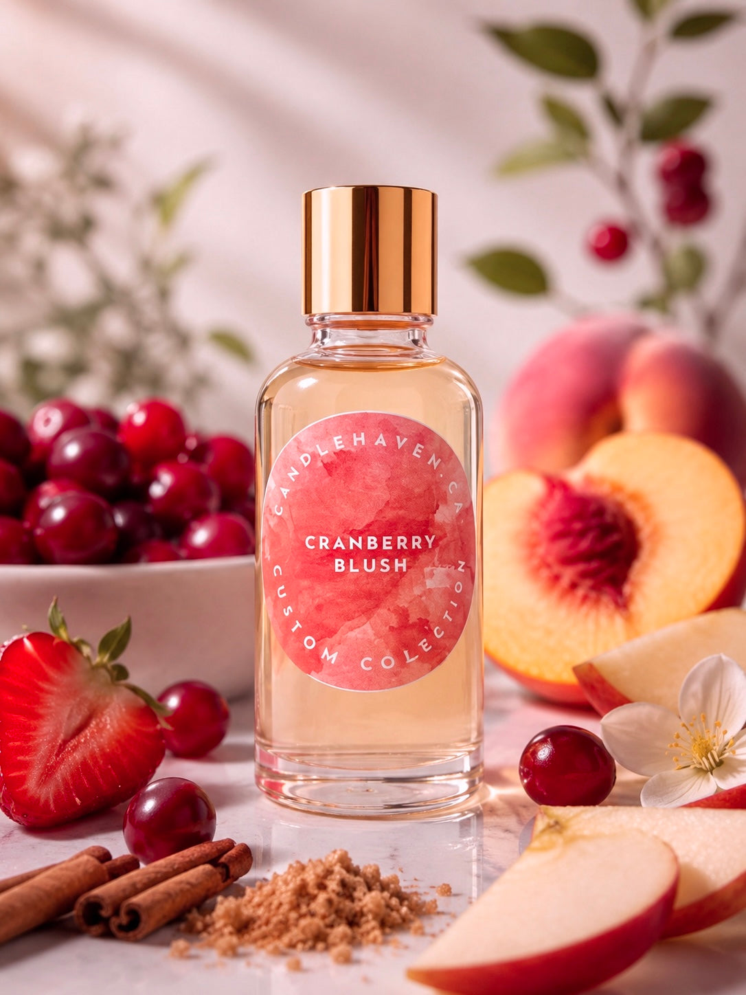 A clear glass perfume bottle with a gold cap and a pink circular label reading 'Camper Haven Custom Collection Cranberry Blush,' styled with cranberries, strawberries, peaches, cinnamon sticks, and sugar on a light surface.