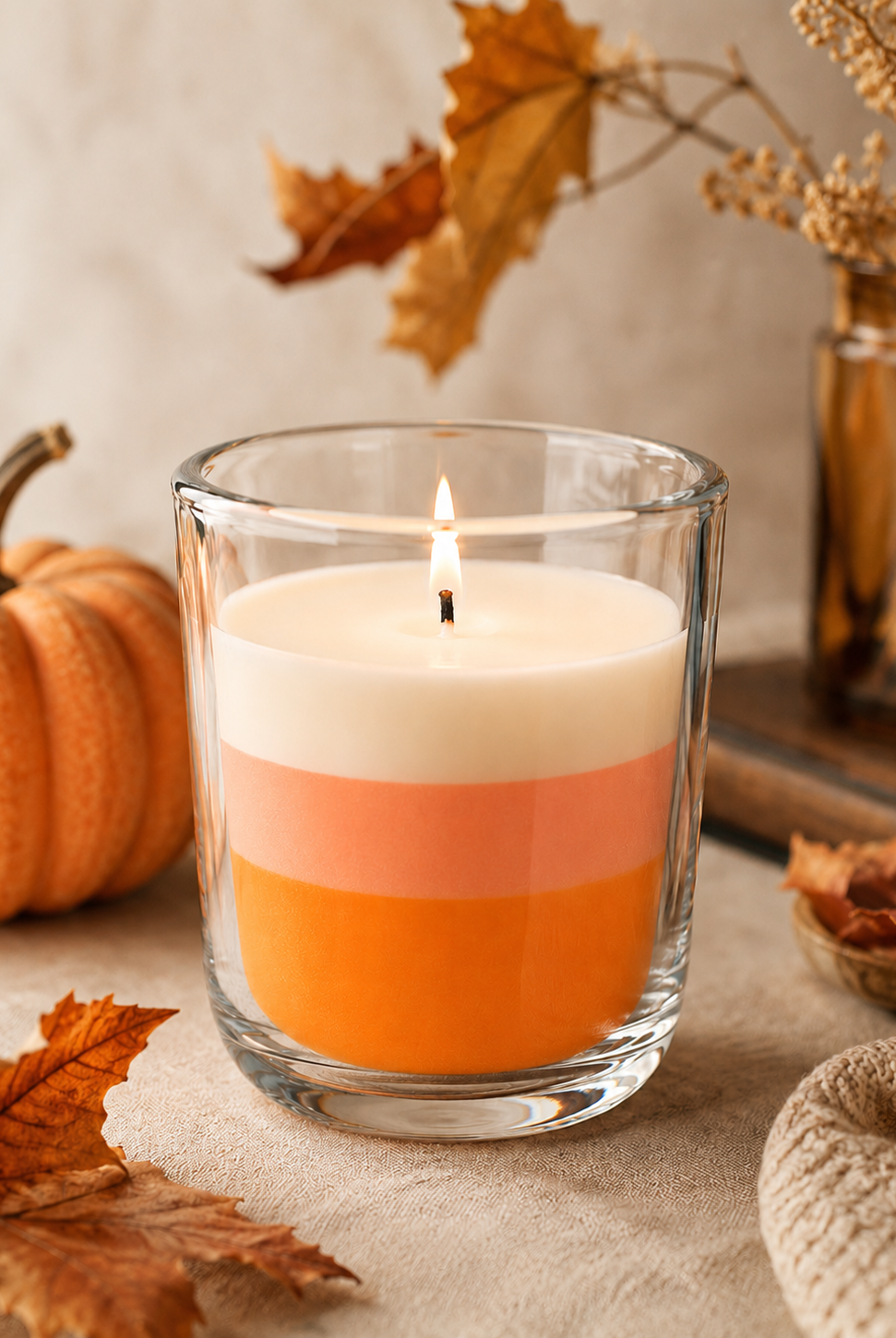 Aura candle vessel with layered design on a surface with autumn decorations.