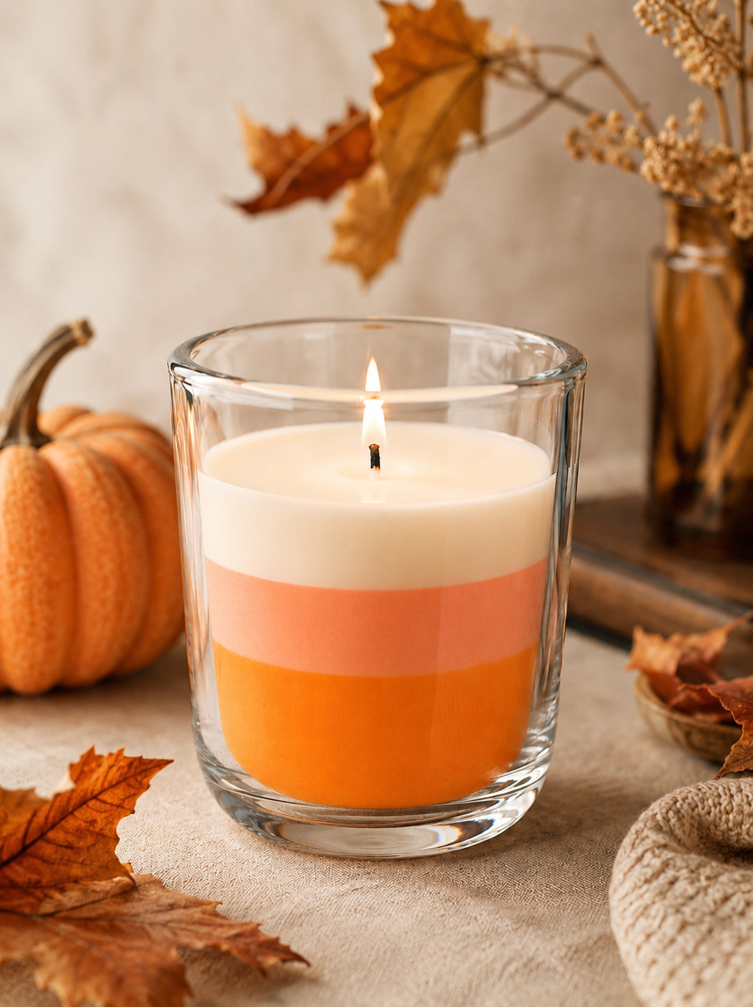 Aura candle vessel with layered design on a surface with autumn decorations.