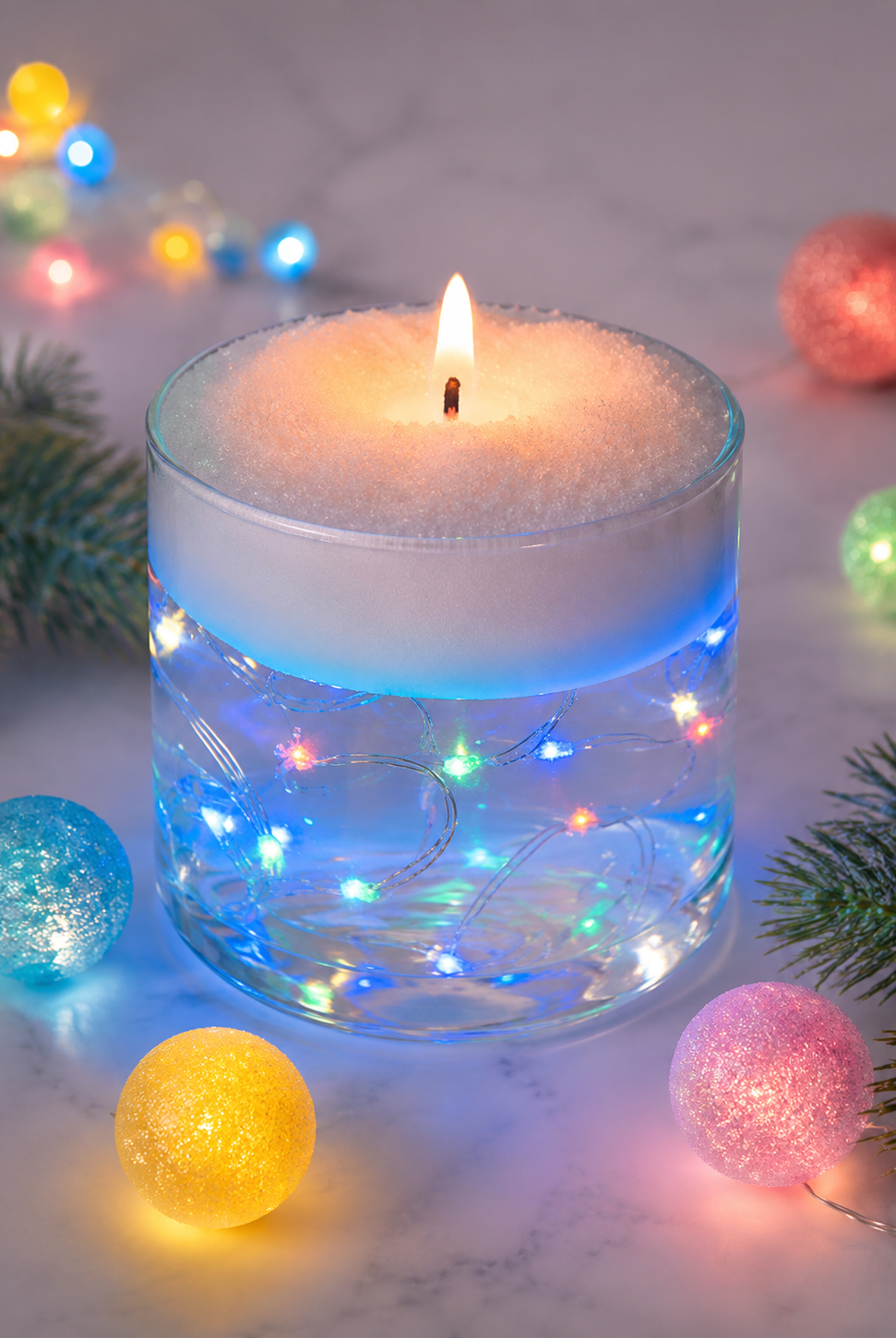 Candle in a glass jar with colorful lights and decorative balls on a marble surface