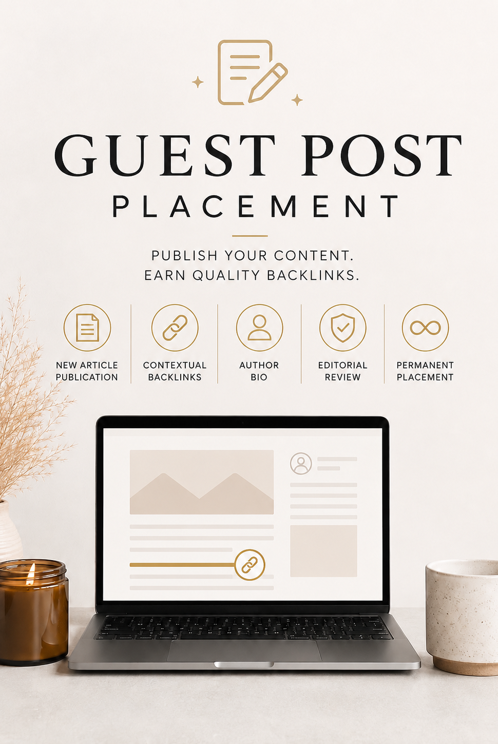 Laptop on a desk with a screen displaying a website, surrounded by decorative items like a candle and mug depicting a Guest Post Placement at Candlehaven.ca