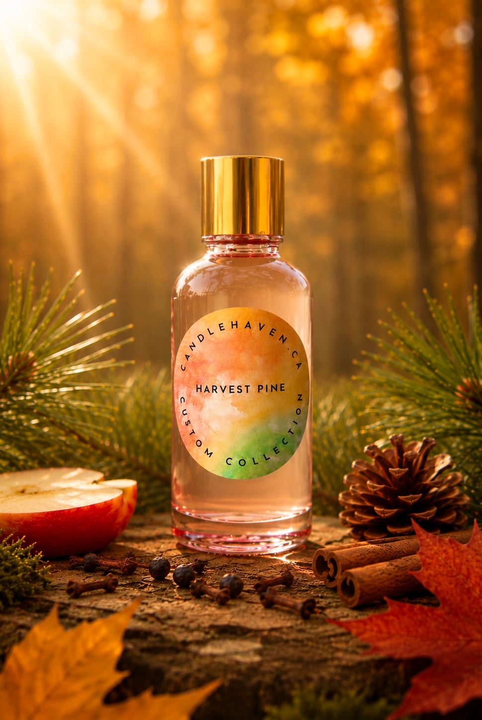 Pink fragrance oil bottle labeled 'Harvest Pine' by Candlehaven.ca on a wooden surface with autumn elements and a forest background.
