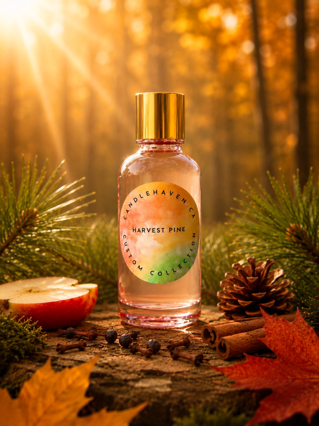 Pink fragrance oil bottle labeled 'Harvest Pine' by Candlehaven.ca on a wooden surface with autumn elements and a forest background.