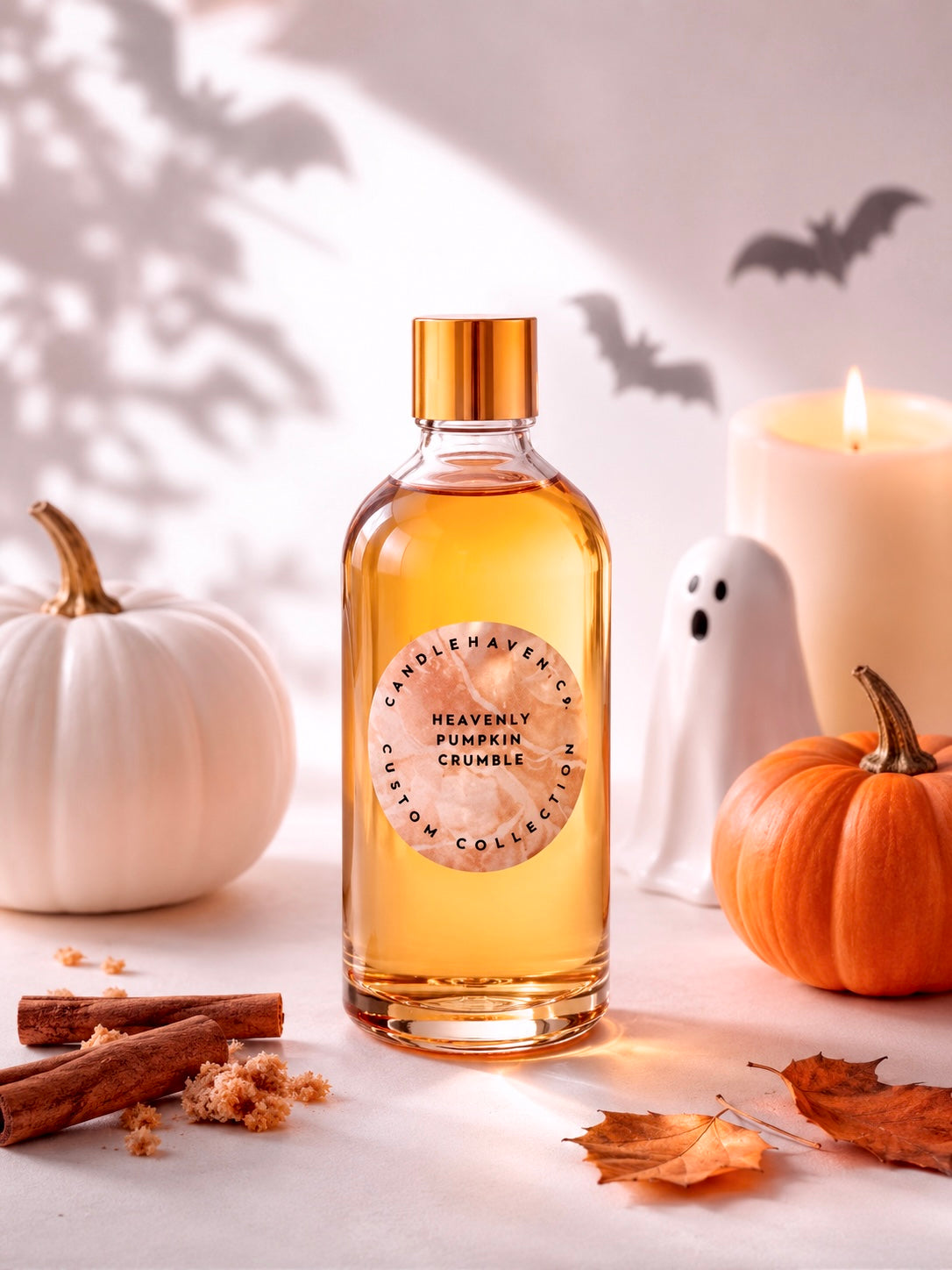 Bottle of 'Heavenly Pumpkin Crumble' fragrance oil for candle making with pumpkins, a ghost, and cinnamon sticks on a light background.