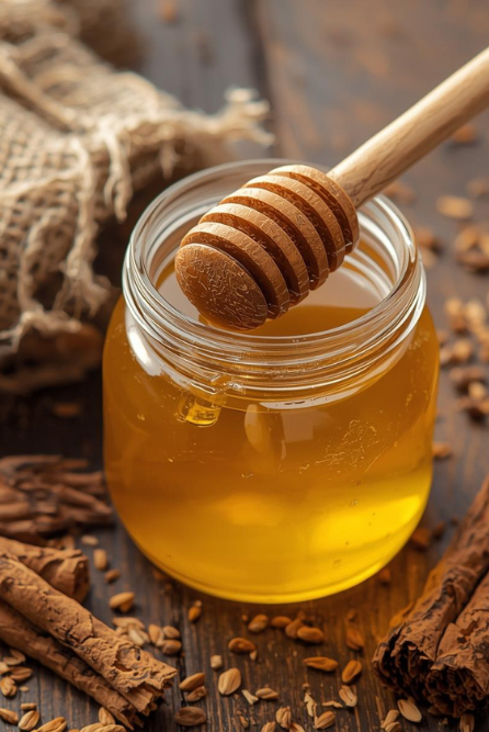 Honey Tobacco fragrance oil for candle making | Jar of honey with a wooden honey dipper on a wooden surface with cinnamon sticks and tobacco