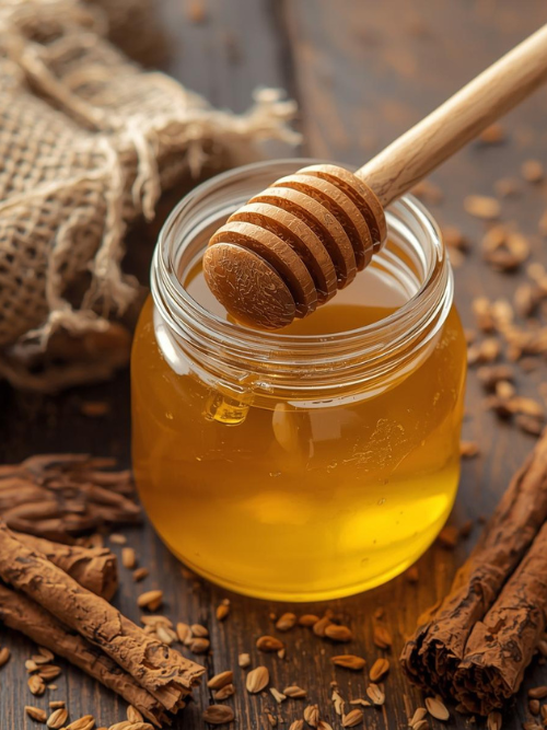 Honey Tobacco fragrance oil for candle making | Jar of honey with a wooden honey dipper on a wooden surface with cinnamon sticks and tobacco