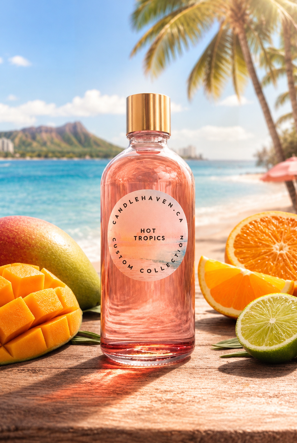 Candlehaven Hot Tropics candle fragrance oil bottle with tropical fruits on a beach setting