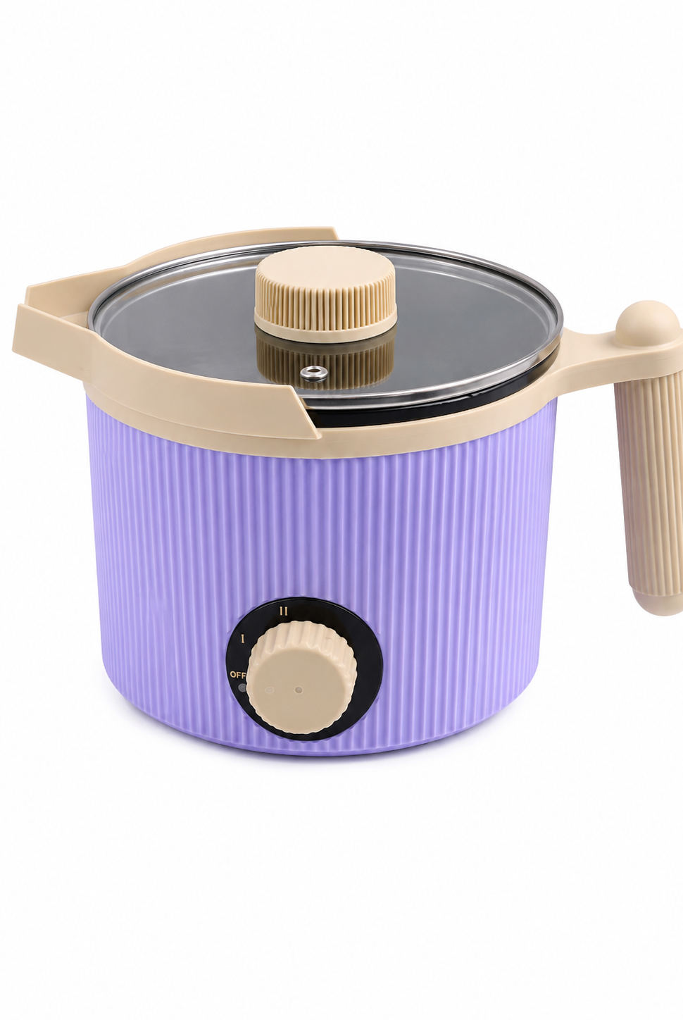 Purple and beige electric wax melter with glass lid on a white background