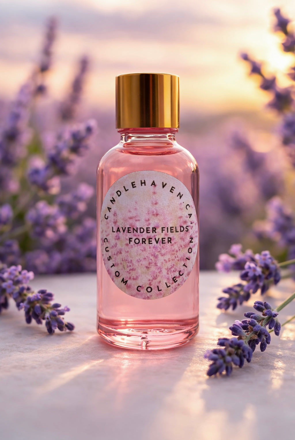 Bottle of 'Lavender Fields Forever' fragrance oil by Candlehaven with lavender flowers in the background