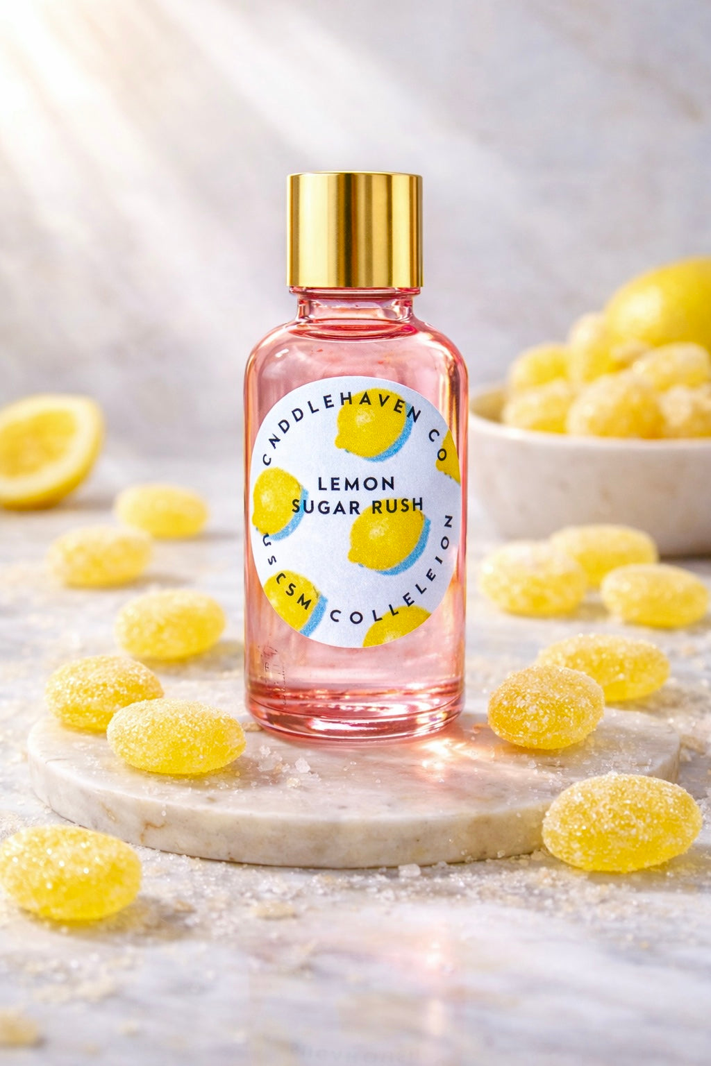 Bottle of Candlehaven.ca Lemon Sugar Rush candle fragrance oil with lemon gum drops on a marble surface