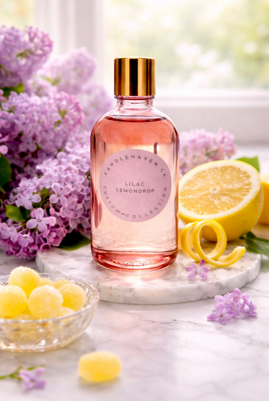 Bottle of Candlehaven.ca’s Lilac Lemondrop on a marble surface with lemons and lilacs.