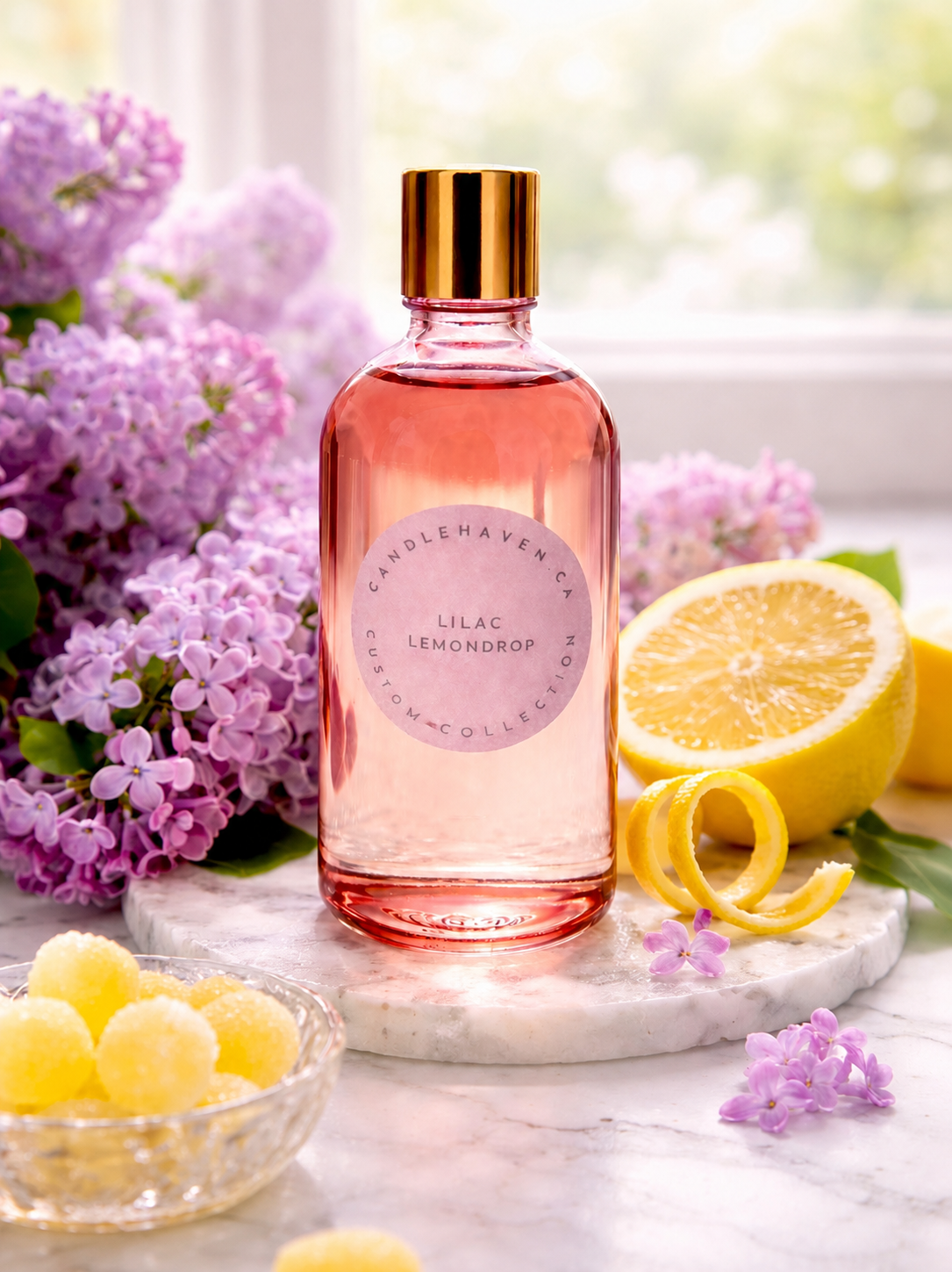 Bottle of Lilac Lemondrop candle fragrance oil by Candlehaven with flowers and lemons on a marble surface