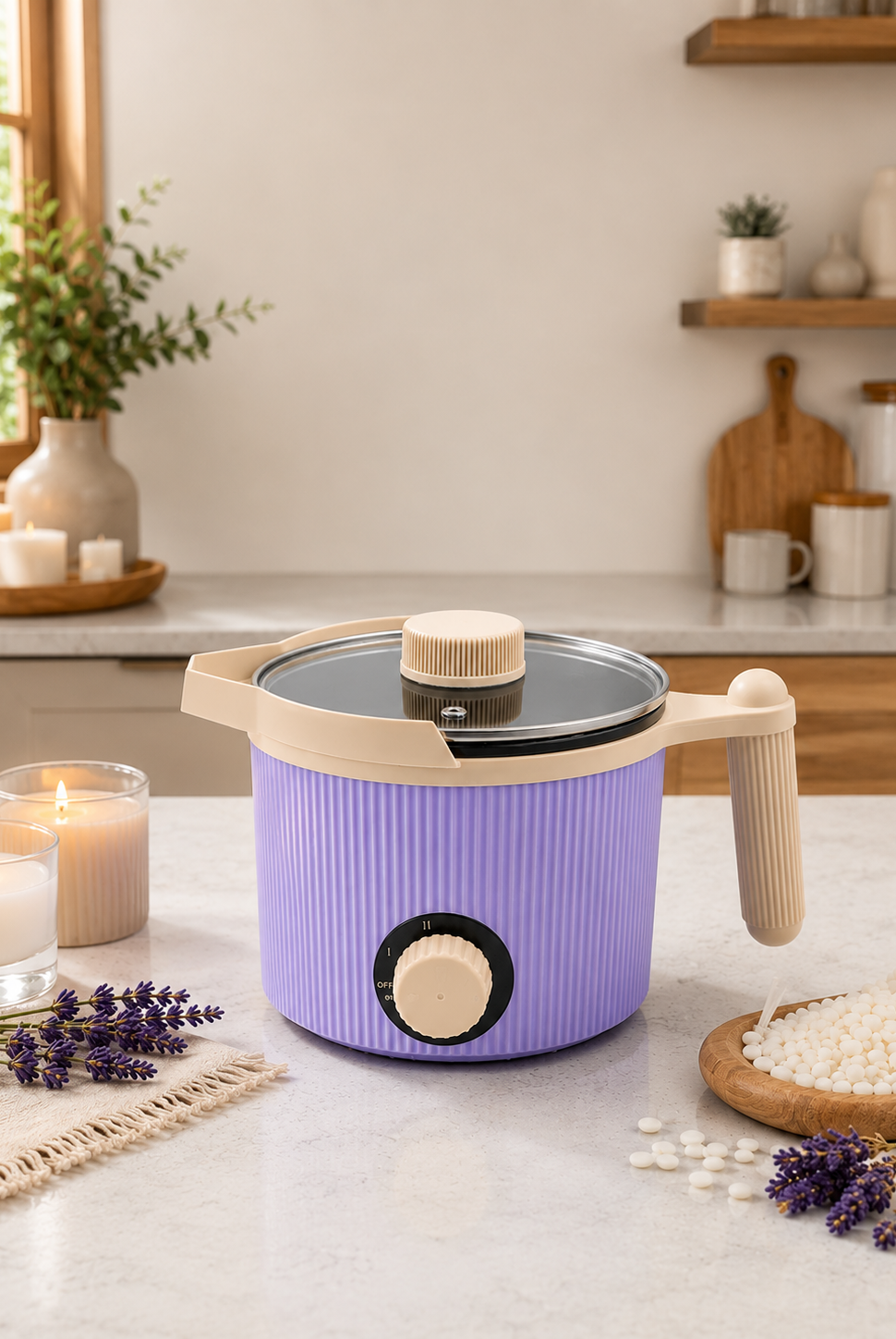 Little lavender wax melter with wooden handle on a kitchen counter with candles and lavender flowers.