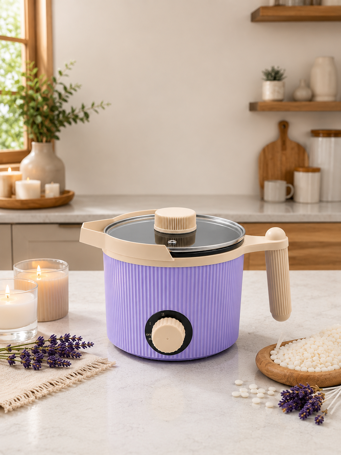 Little lavender wax melter with wooden handle on a kitchen counter with candles and lavender flowers.