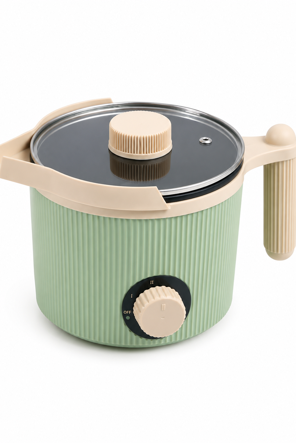 Green electric wax melter with beige handle and lid on a white background