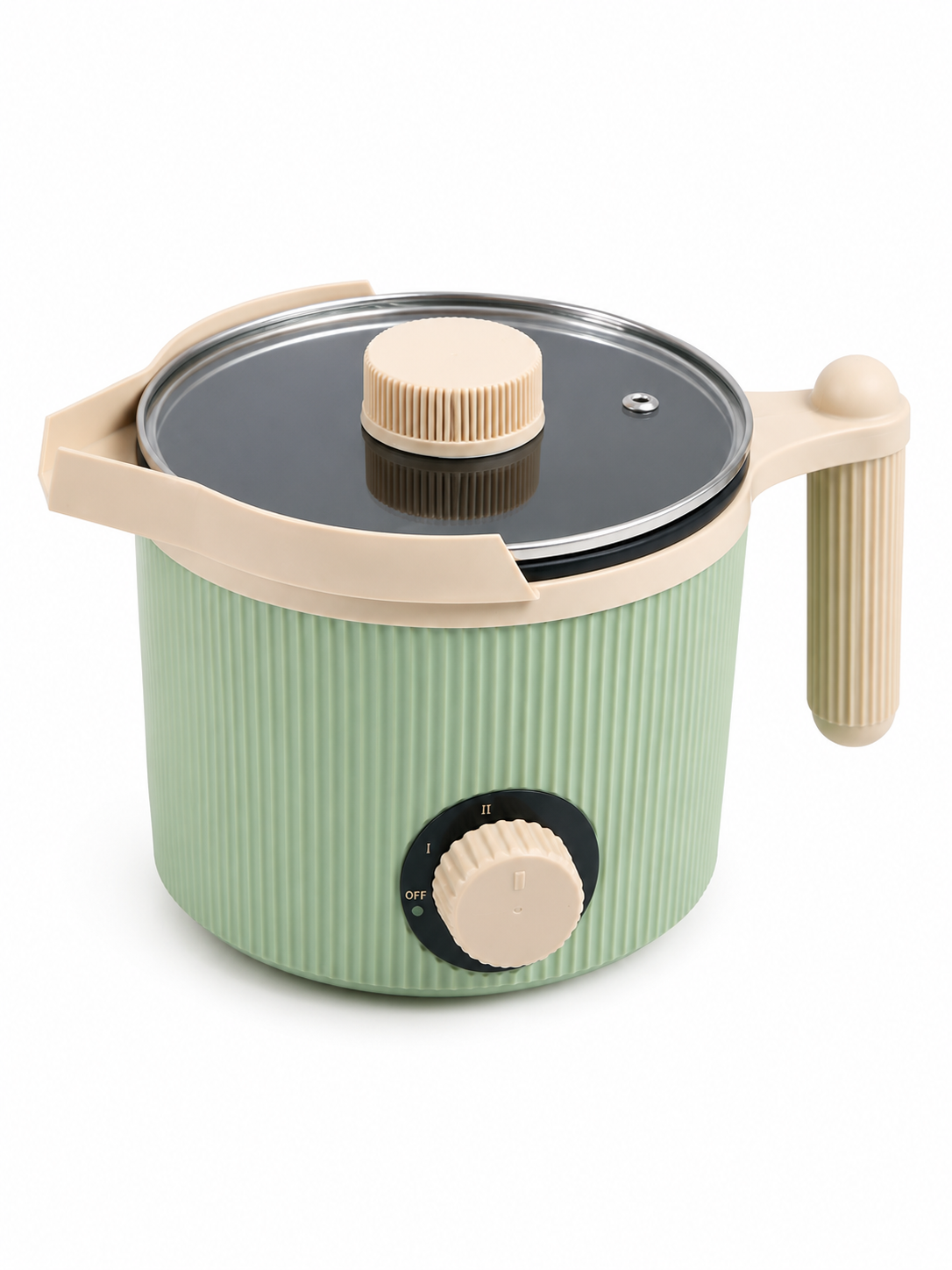 Green electric wax melter with beige handle and lid on a white background