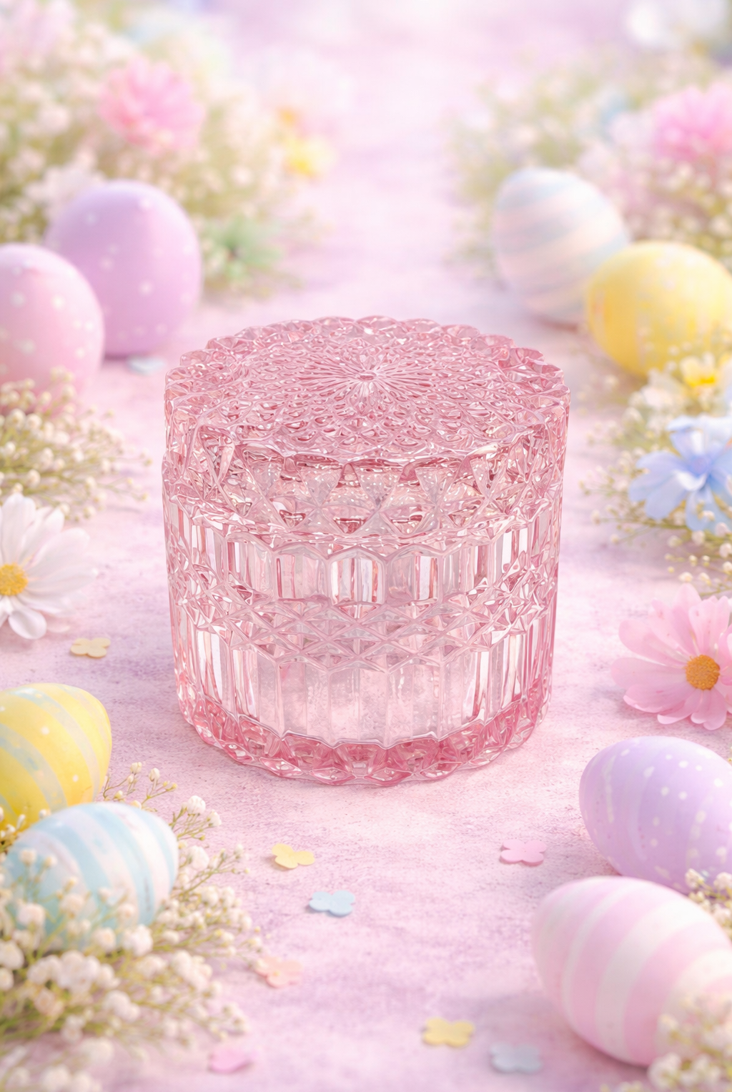 Lush Pink Candle Jar for Easter candles | Pink candle jar on a pastel Easter-themed background with eggs and flowers.