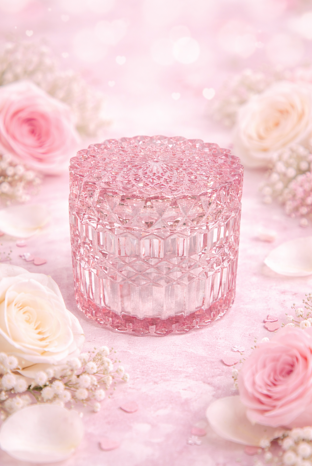 Valentines Day pink candle jar | Pink glass candle holder on a pink floral background