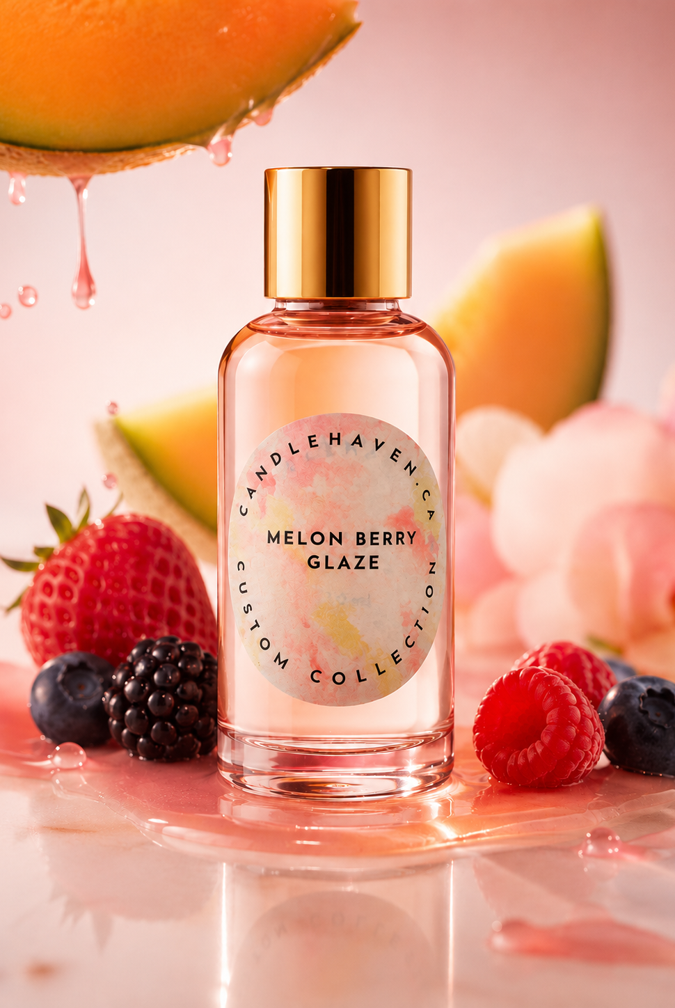 Bottle of 'Melon Berry Glaze' by Candlehaven with fruit and flowers on a pink background