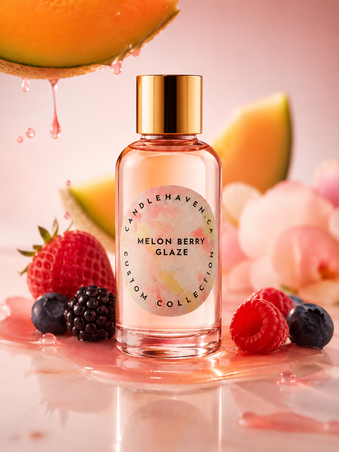 Bottle of 'Melon Berry Glaze' by Candlehaven with fruit and flowers on a pink background