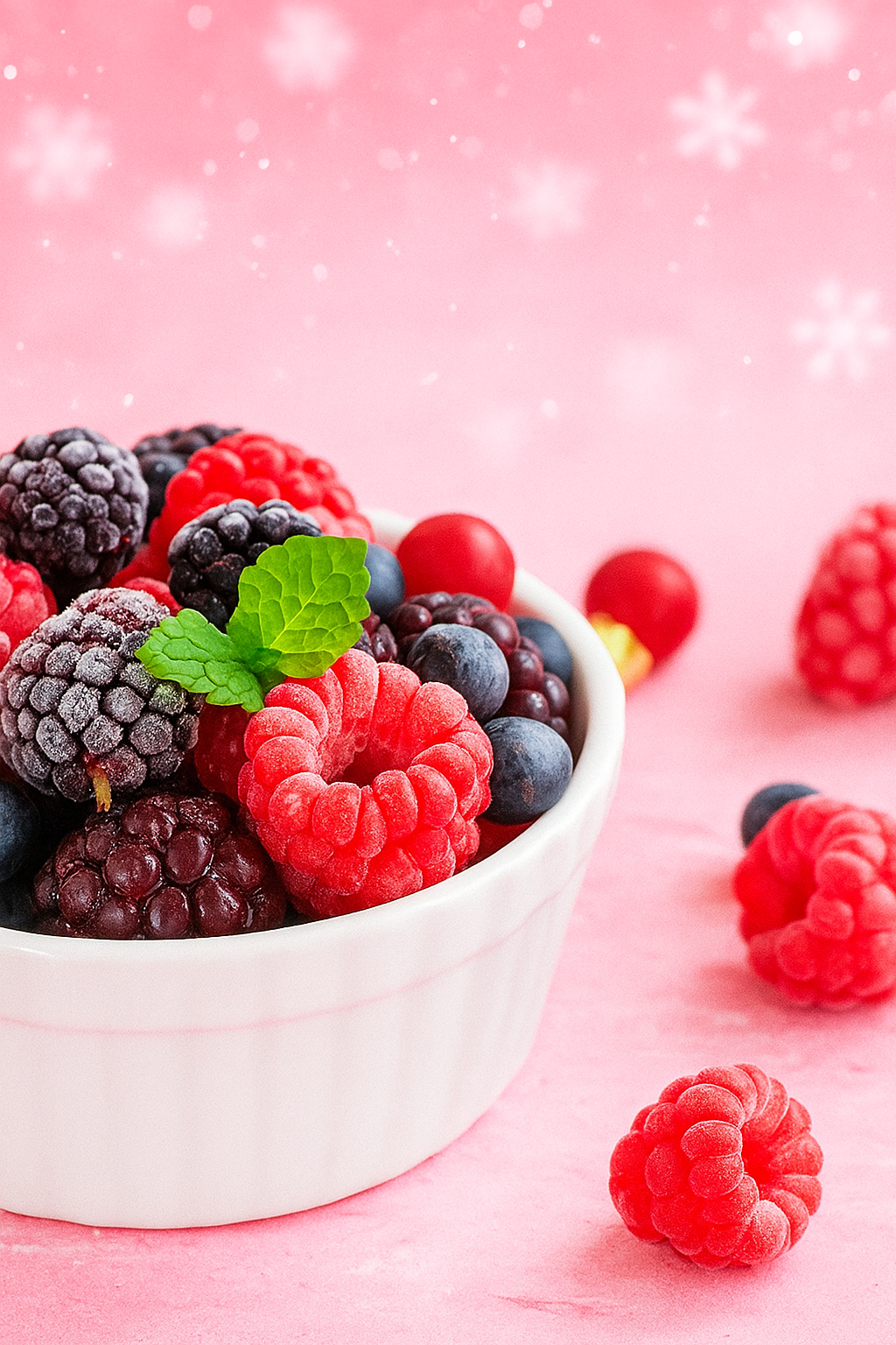 Assorted berries in a white bowl on a pink background with snowflakes depicting Merry Berry Christmas fragrance oil