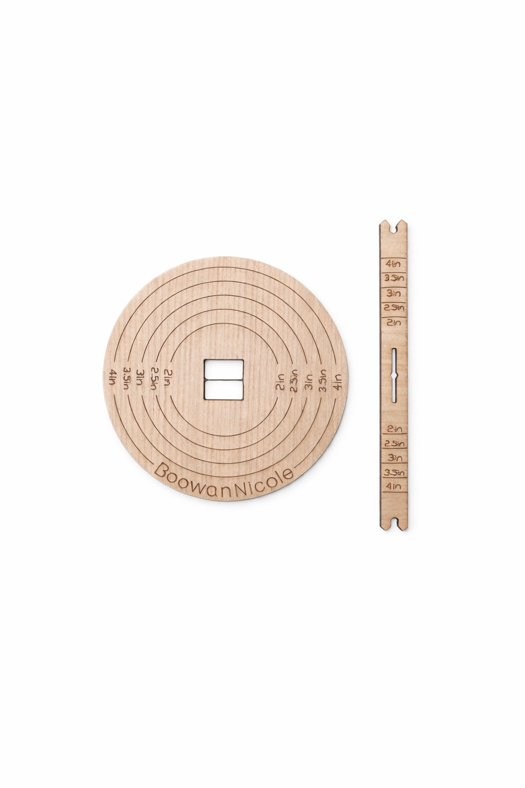 Wooden circular wick centering tool and wick holder on white background