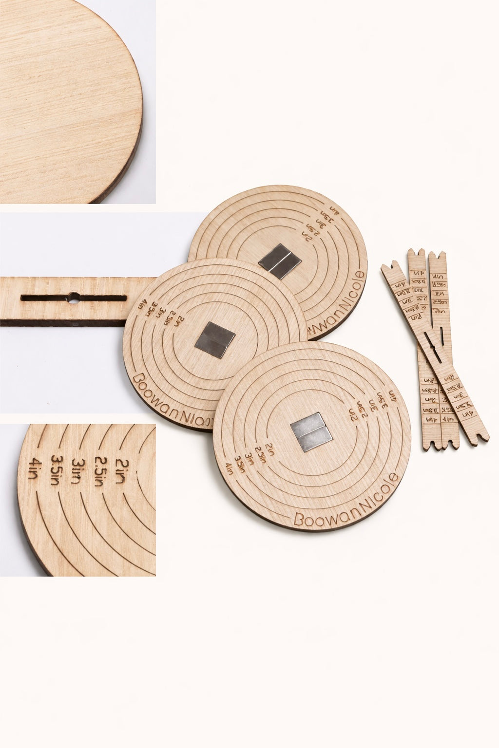 Set of wooden wick centering tools with measurements on a white background